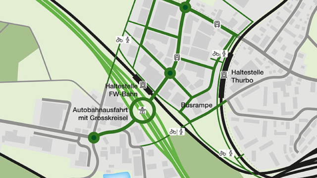 Autobahn A1 / Autostrasse T16 | Anschluss Wil West | Kreisel Wil West | Haltestelle FW Bahn Wil West | Haltestelle Thurbo Wil West | Gloten | Wil West